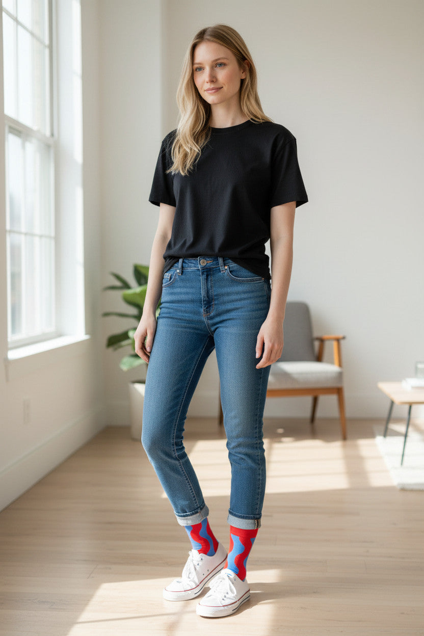 Hove Curvies Chips crew socks with red, blue, and yellow wavy pattern. Cotton blend.